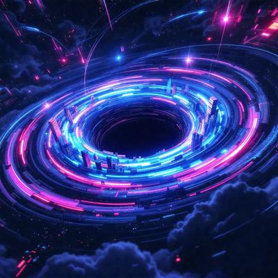 The primary subject of the image is a large, colorful, and swirling circle. The circle is surrounded by a cloudy background, giving it a dynamic and vibrant appearance. The visual style of the image is digital art, as it is a computer-generated representation of a swirling vortex. The dominant colors in the image are blue, pink, and purple, creating a lively and energetic atmosphere.